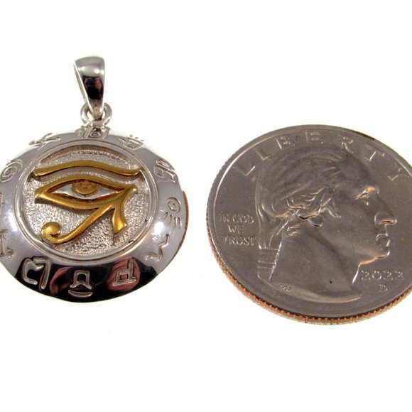 Solid 925 Sterling Silver & Gold Accent Eye of Horus Pendant with Zodiac Symbols - Picture 2 of 5